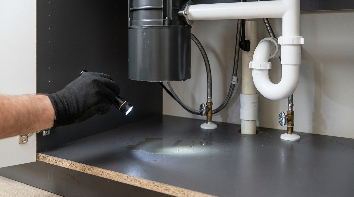 garbage disposal leaking from the bottom causes and fix — close-up detail